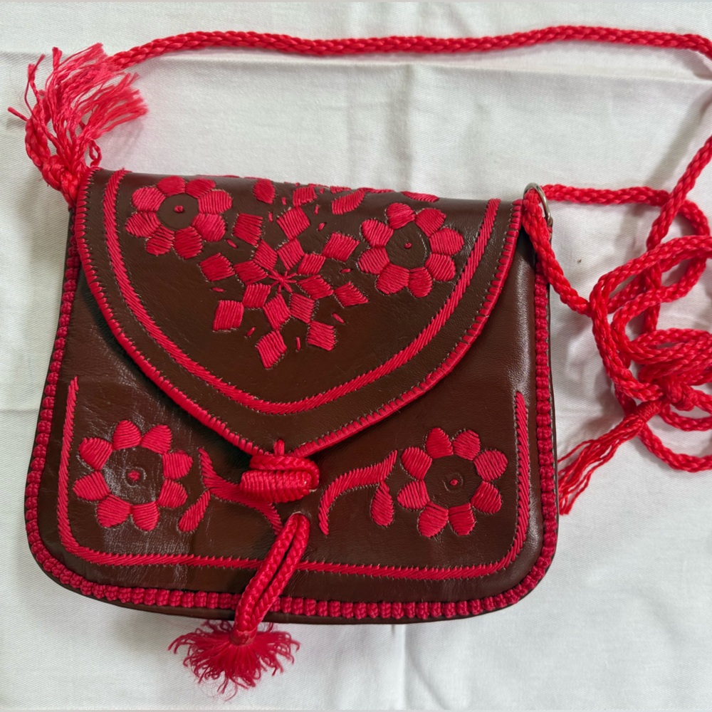 Authentic Moroccan Leather Embroidered Brown and Red Women's Bag